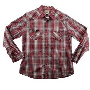 American Rag Shirt Men's Long Roll Tab Sleeve Pearl Snap Up Plaid Western Red 2X